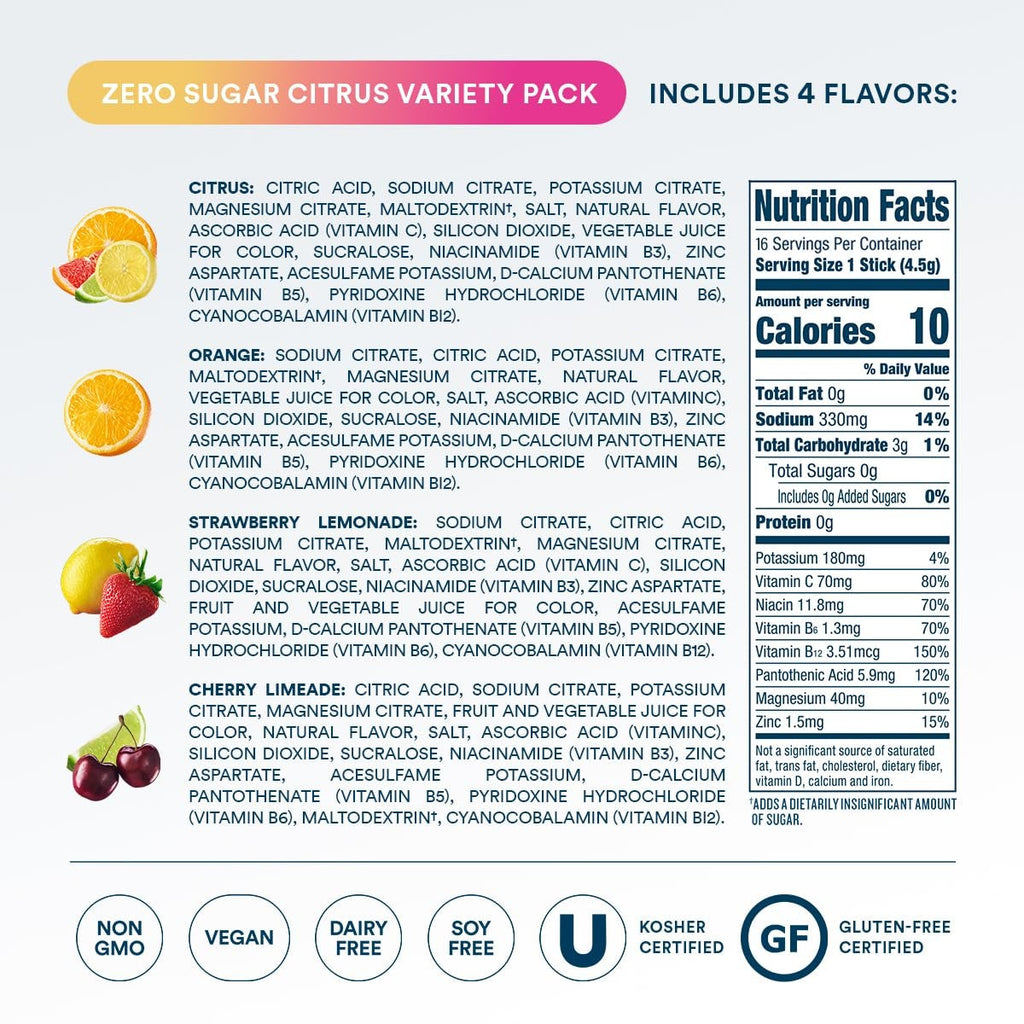 DripDrop Zero Sugar Citrus Variety Pack Electrolyte Powder, 8 oz sticks, 16 count